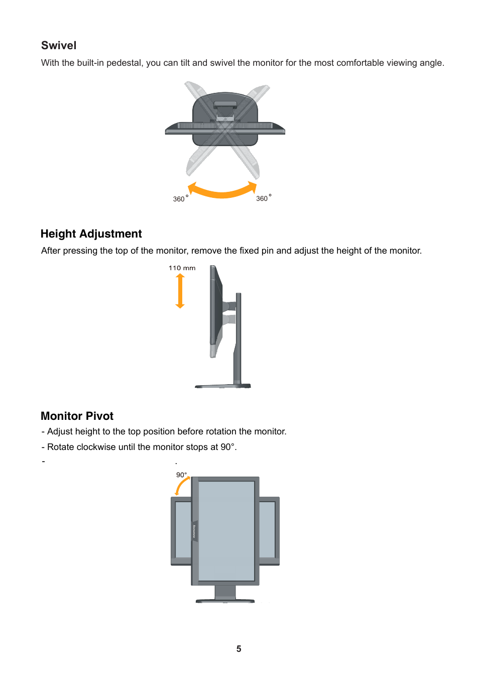 Swivel, Height adjustment, Monitor pivot | Lenovo ThinkVision E2003b 19.5” LED TFT Monitor User Manual | Page 7 / 16