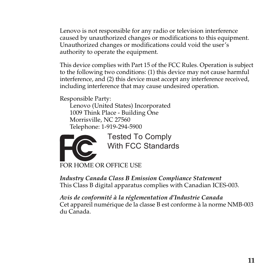 Tested to comply with fcc standards | Lenovo IdeaPad U165 User Manual | Page 12 / 36