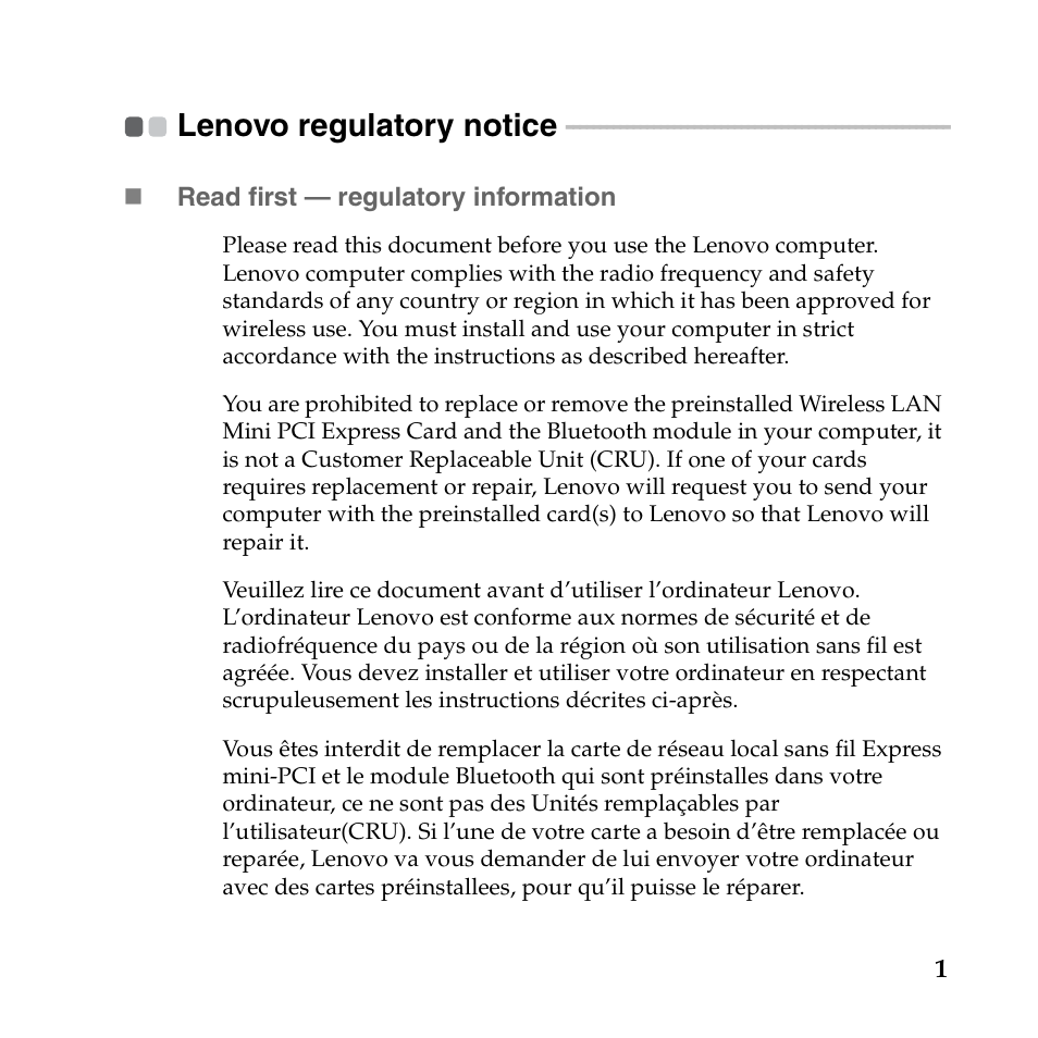 Lenovo regulatory notice | Lenovo IdeaPad U165 User Manual | Page 2 / 36