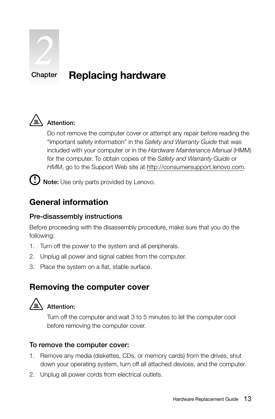Replacing hardware, General information, Removing the computer cover | Lenovo 3000 H310 Desktop User Manual | Page 16 / 29