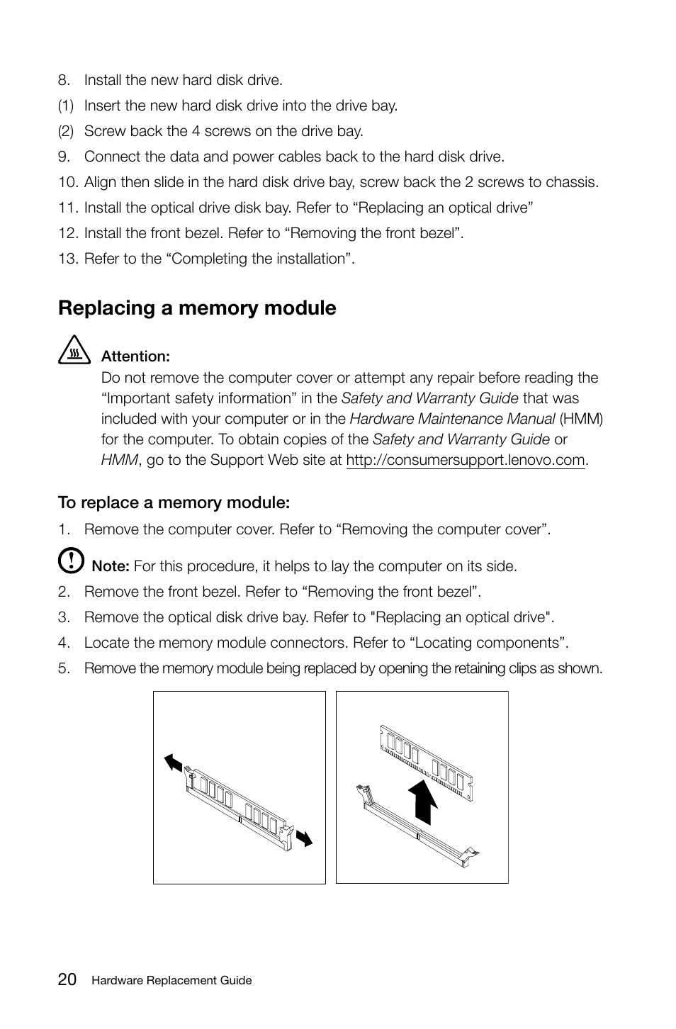 Replacing a memory module | Lenovo 3000 H310 Desktop User Manual | Page 23 / 29