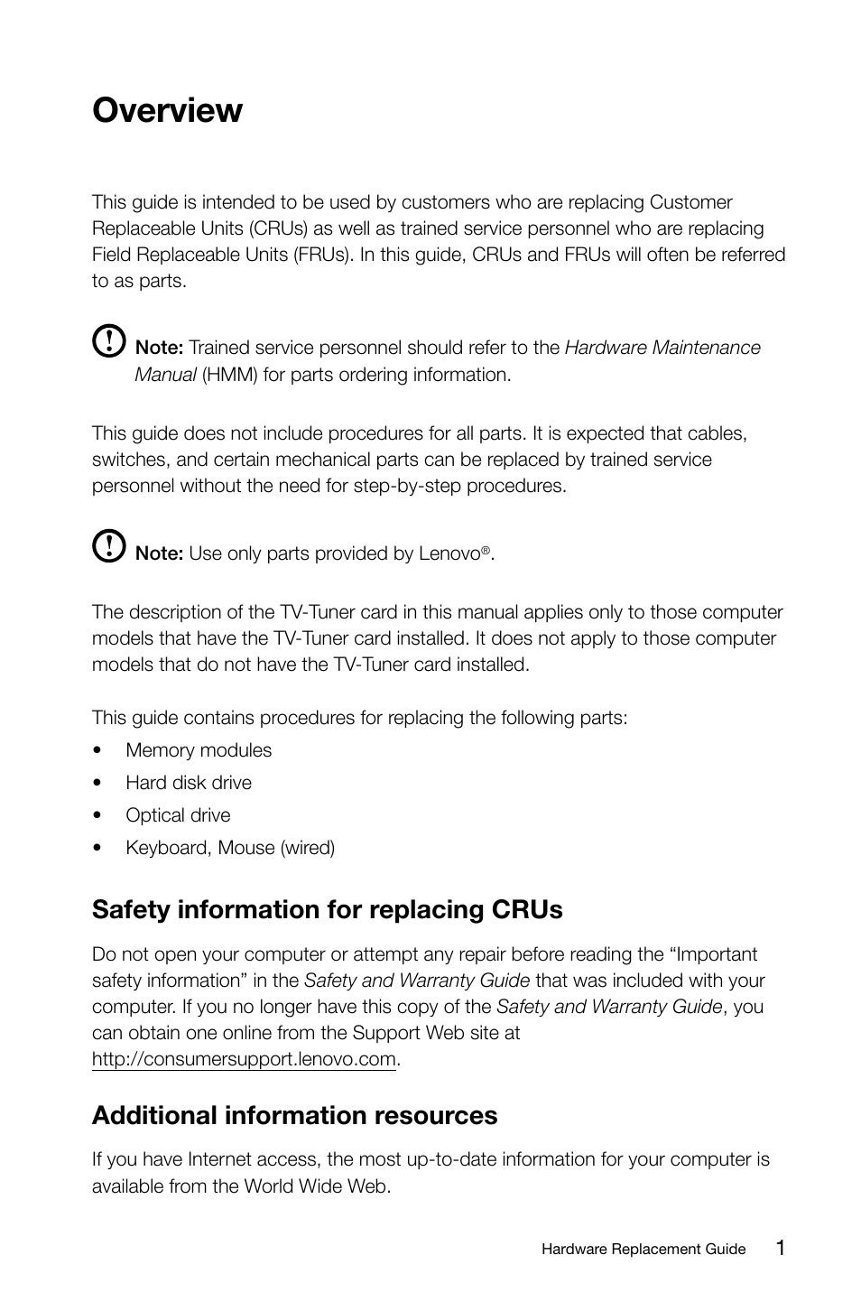 Overview, Safety information for replacing crus, Additional information resources | Lenovo 3000 H310 Desktop User Manual | Page 4 / 29