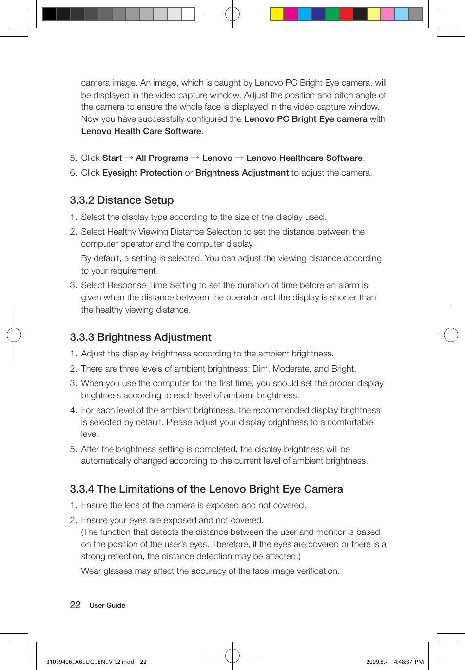 2 distance setup, 3 brightness adjustment, 4 the limitations of the lenovo bright eye camera | Lenovo IdeaCentre A600 User Manual | Page 27 / 41