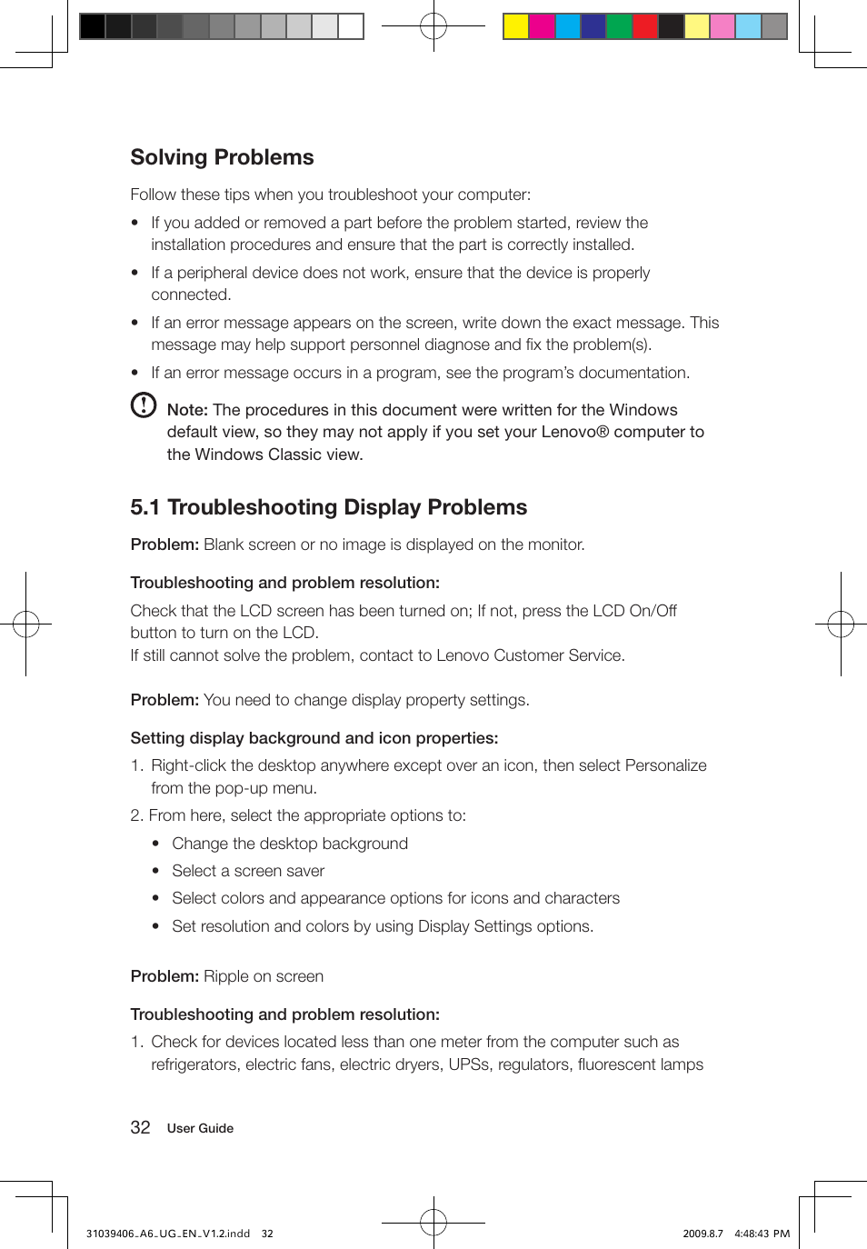 Solving problems, 1 troubleshooting display problems | Lenovo IdeaCentre A600 User Manual | Page 37 / 41