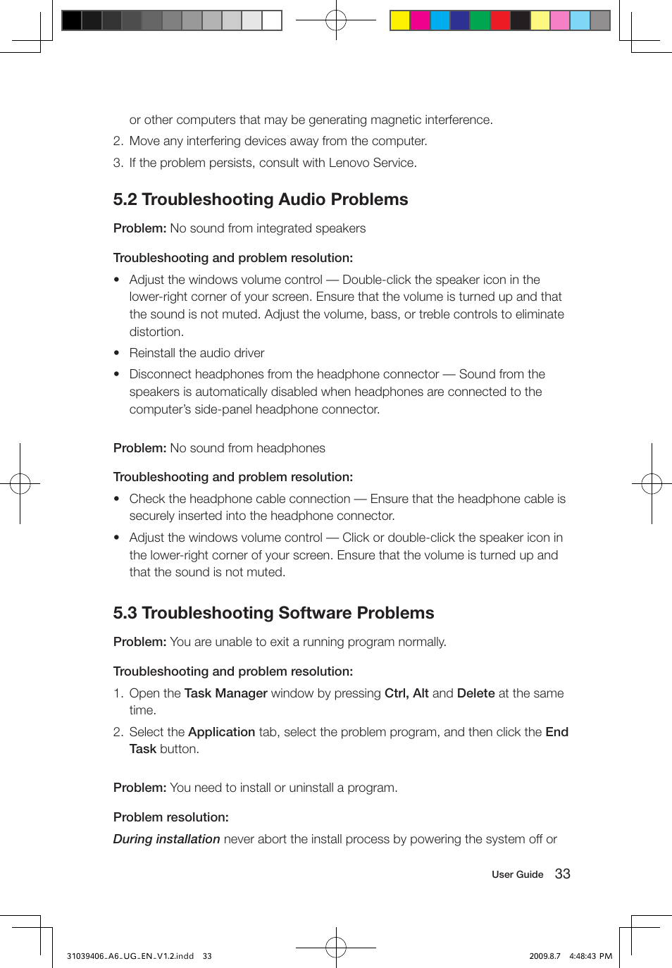 2 troubleshooting audio problems, 3 troubleshooting software problems | Lenovo IdeaCentre A600 User Manual | Page 38 / 41