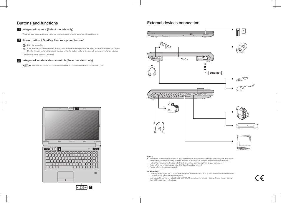 Buttons and functions external devices connection | Lenovo B575 Notebook User Manual | Page 2 / 2