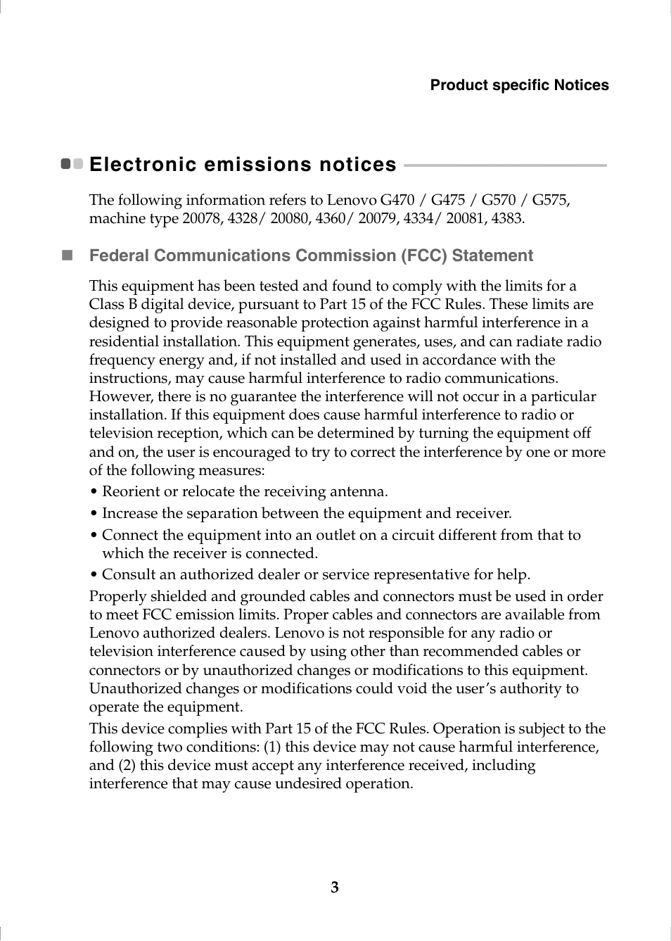 Electronic emissions notices | Lenovo G570 Notebook User Manual | Page 3 / 8