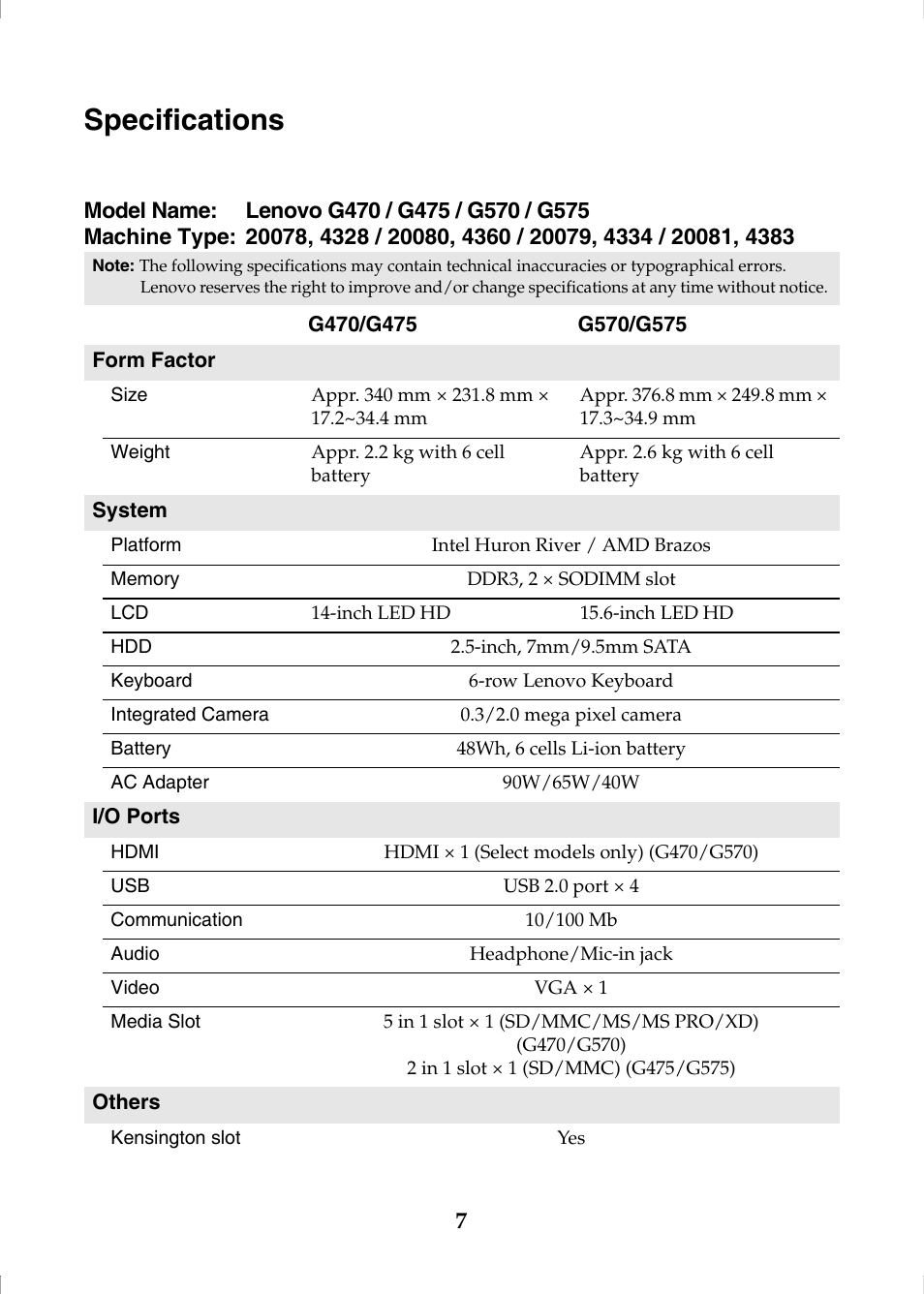 Specifications | Lenovo G570 Notebook User Manual | Page 7 / 8