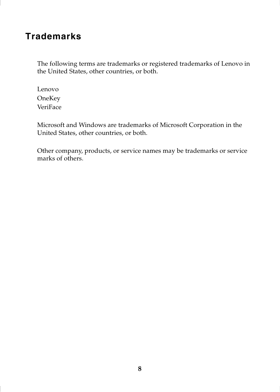 Trademarks | Lenovo G570 Notebook User Manual | Page 8 / 8