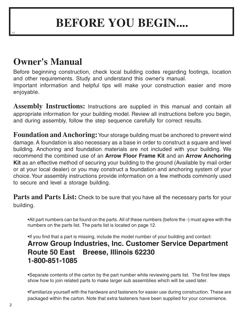 Before you begin, Owner's manual, Assembly instructions | Foundation and anchoring, Parts and parts list | Arrow Plastic SA8662-A User Manual | Page 2 / 32