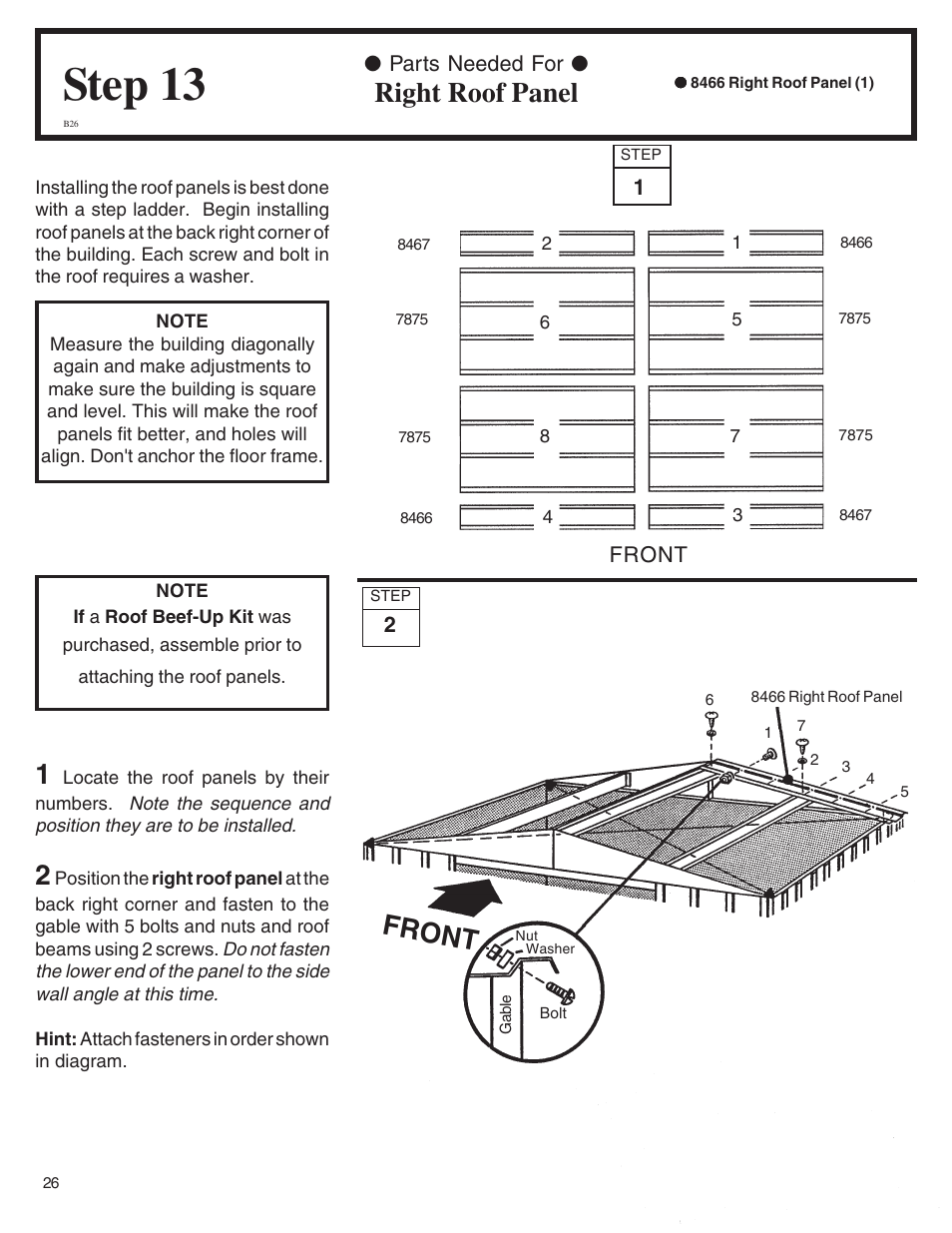 Step 13, Right roof panel, Front | Arrow Plastic SA8662-A User Manual | Page 26 / 32