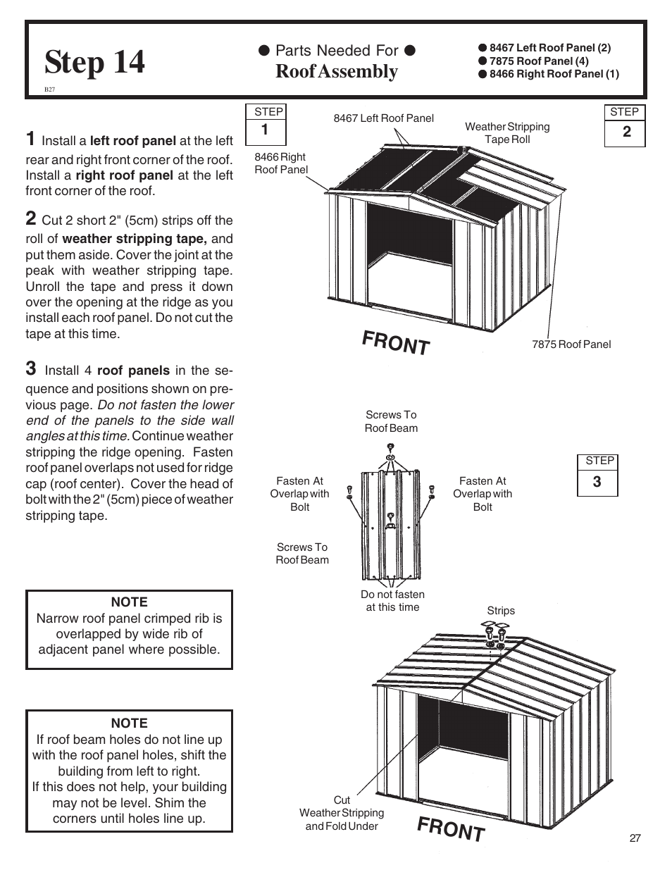 Step 14, Roof assembly, Front | Arrow Plastic SA8662-A User Manual | Page 27 / 32