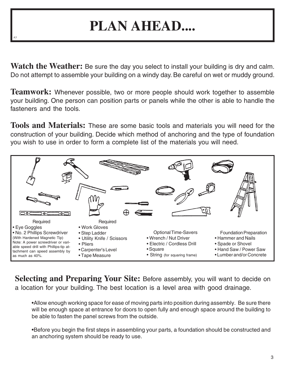 Plan ahead, Selecting and preparing your site, Watch the weather | Teamwork, Tools and materials | Arrow Plastic SA8662-A User Manual | Page 3 / 32