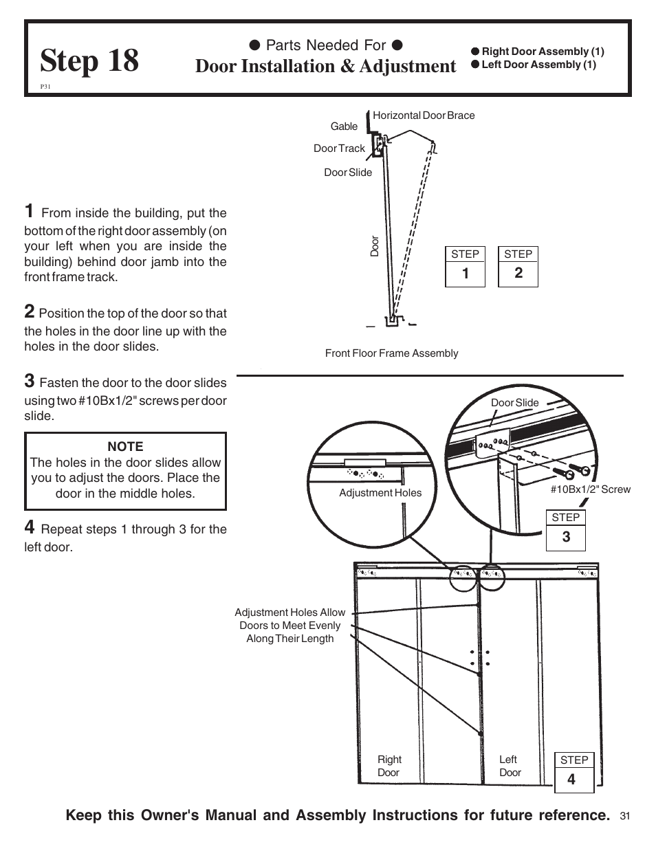 Step 18, Door installation & adjustment | Arrow Plastic SA8662-A User Manual | Page 31 / 32