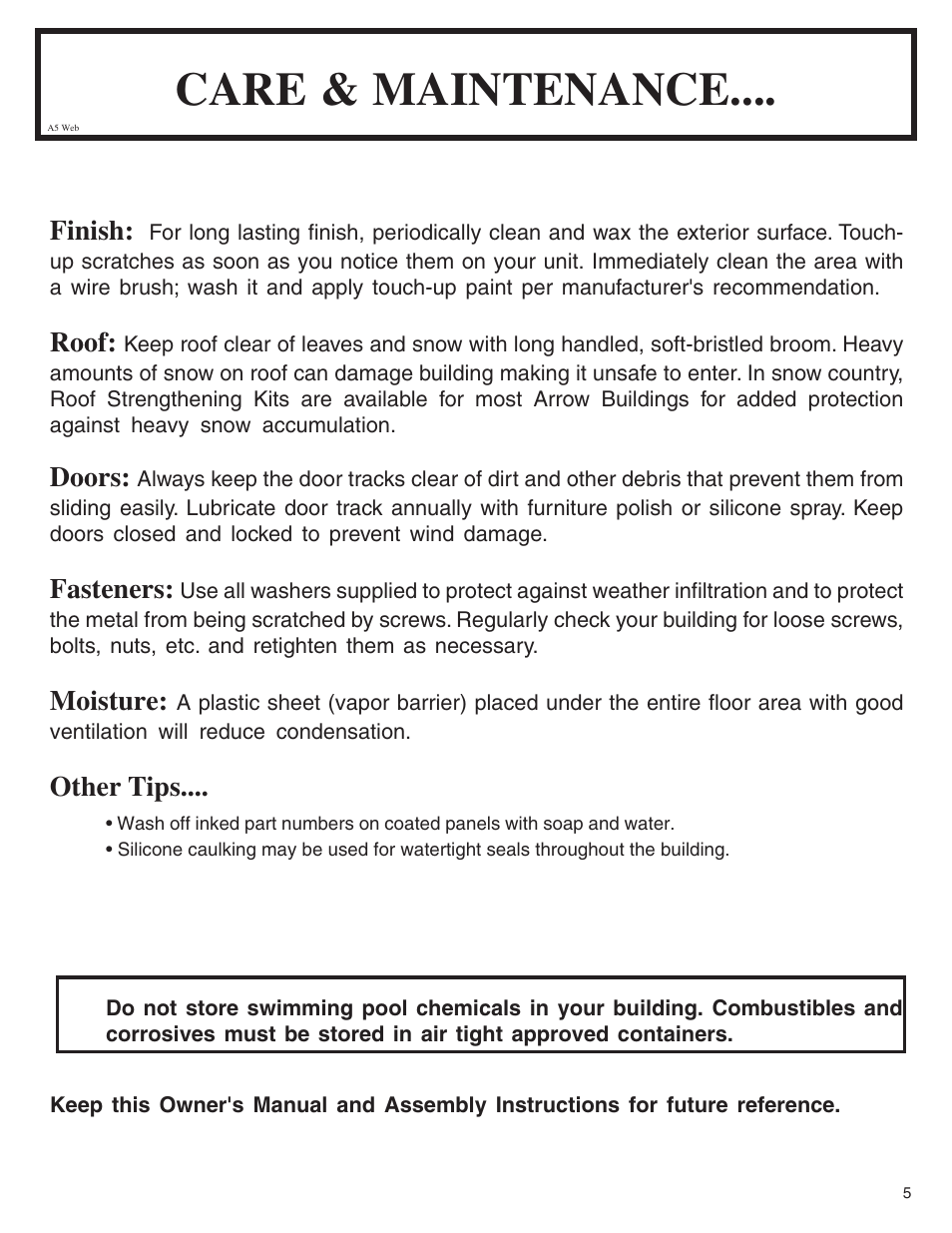 Care & maintenance, Finish, Roof | Doors, Fasteners, Moisture, Other tips | Arrow Plastic SA8662-A User Manual | Page 5 / 32
