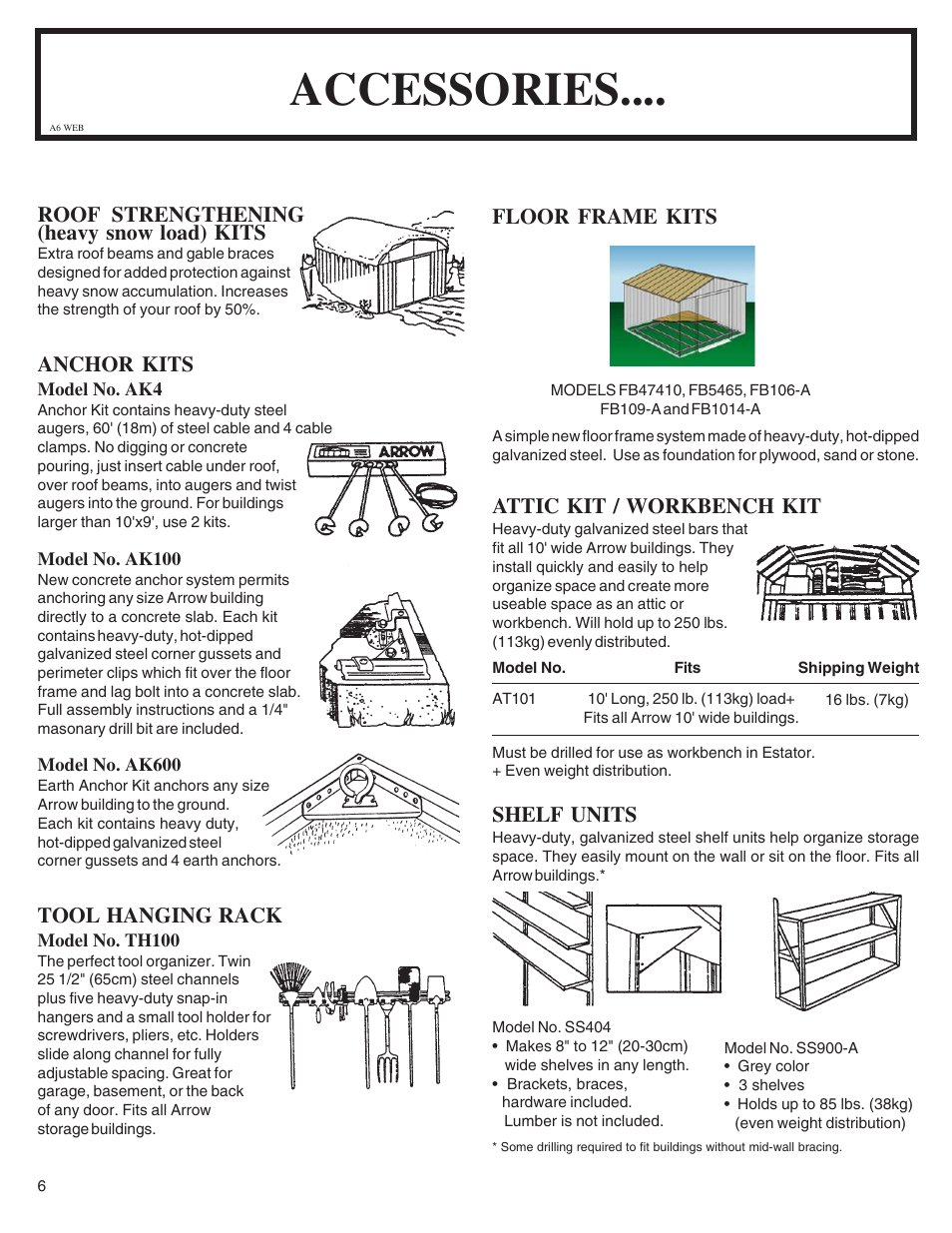 Accessories, Shelf units, Attic kit / workbench kit | Tool hanging rack, Roof strengthening (heavy snow load) kits, Anchor kits, Floor frame kits | Arrow Plastic SA8662-A User Manual | Page 6 / 32