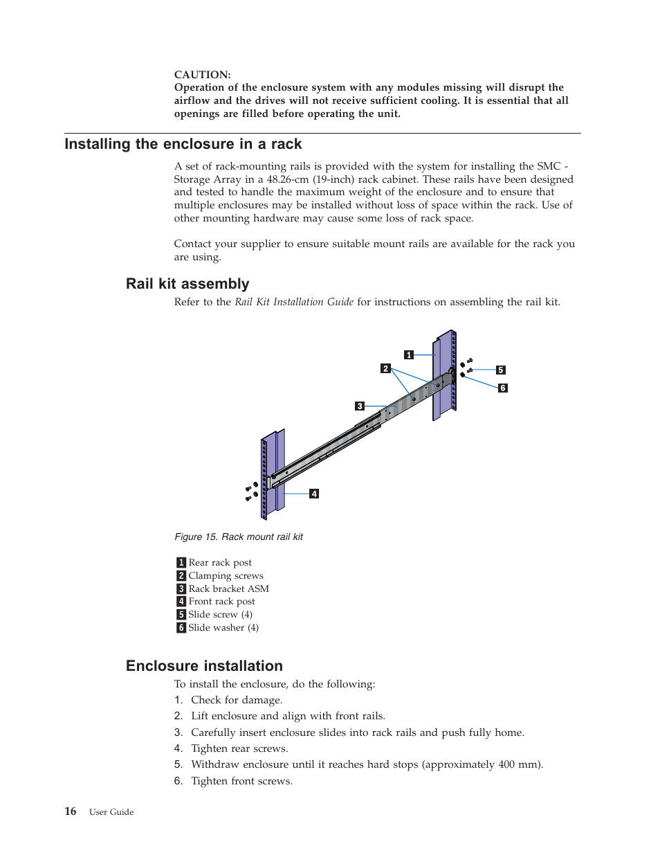 Installing the enclosure in a rack, Rail kit assembly, Enclosure installation | Installing, Enclosure, Rack, Rail, Assembly, Installation | Lenovo Secure Managed Client User Manual | Page 24 / 44