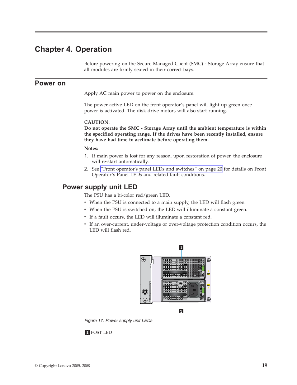 Chapter 4. operation, Power on, Power supply unit led | Chapter, Operation, Power, Supply, Unit | Lenovo Secure Managed Client User Manual | Page 27 / 44