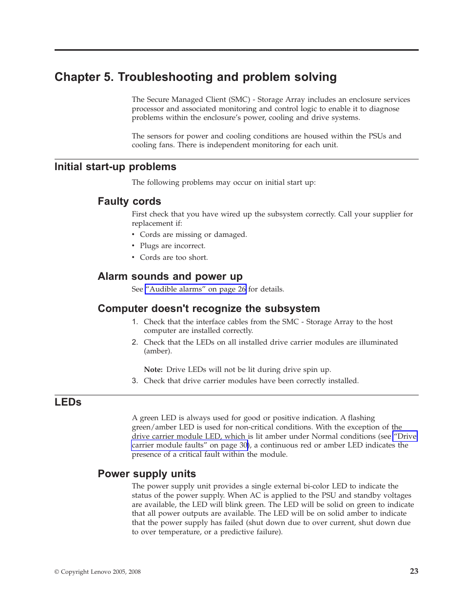 Chapter 5. troubleshooting and problem solving, Initial start-up problems, Faulty cords | Alarm sounds and power up, Computer doesnt recognize the subsystem, Leds, Power supply units, Chapter, Troubleshooting, Problem | Lenovo Secure Managed Client User Manual | Page 31 / 44