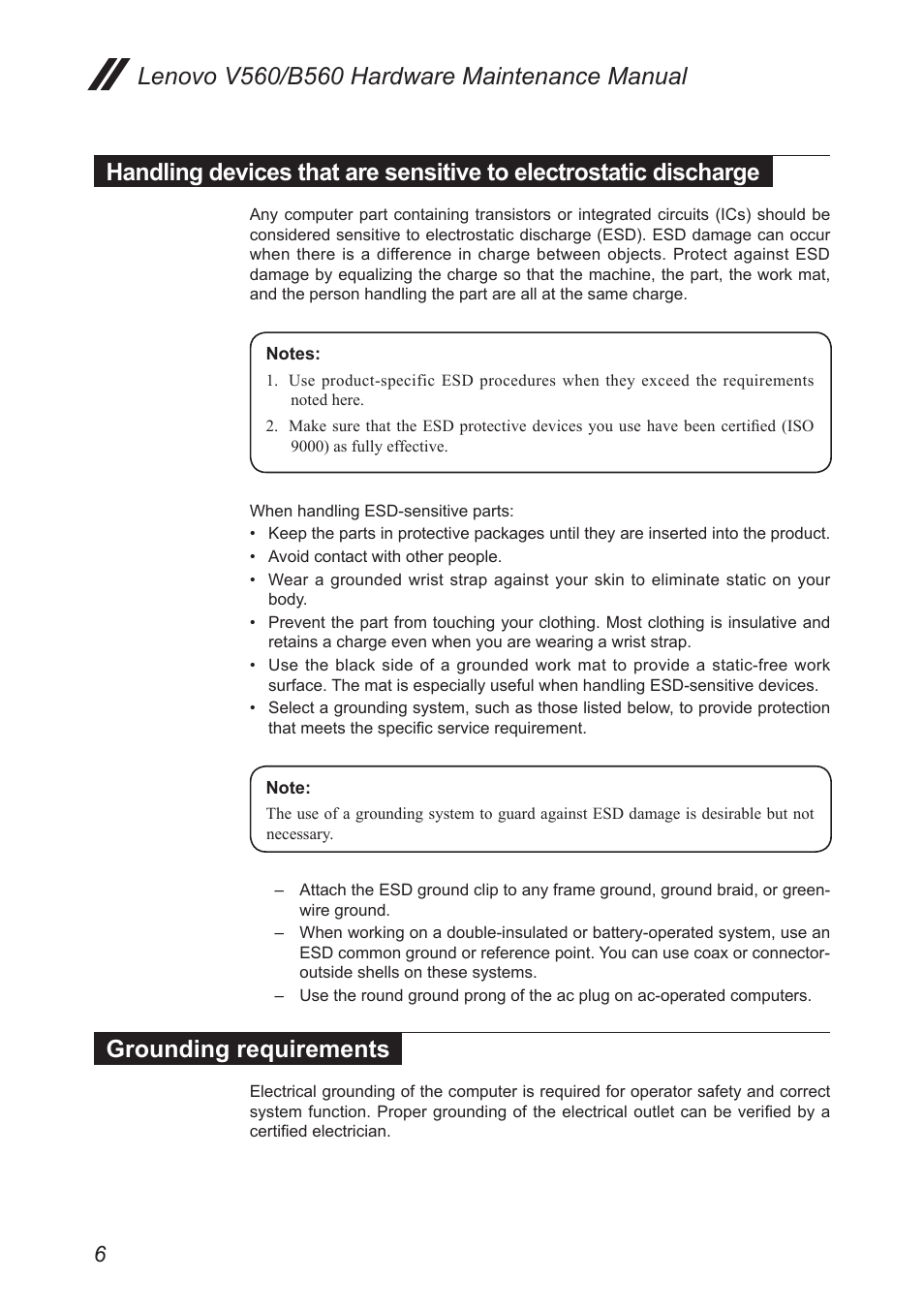 Grounding requirements, Handling devices that are sensitive to, Electrostatic discharge | Lenovo V560 Notebook User Manual | Page 10 / 90