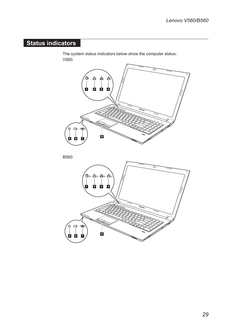Status indicators, B560 | Lenovo V560 Notebook User Manual | Page 33 / 90