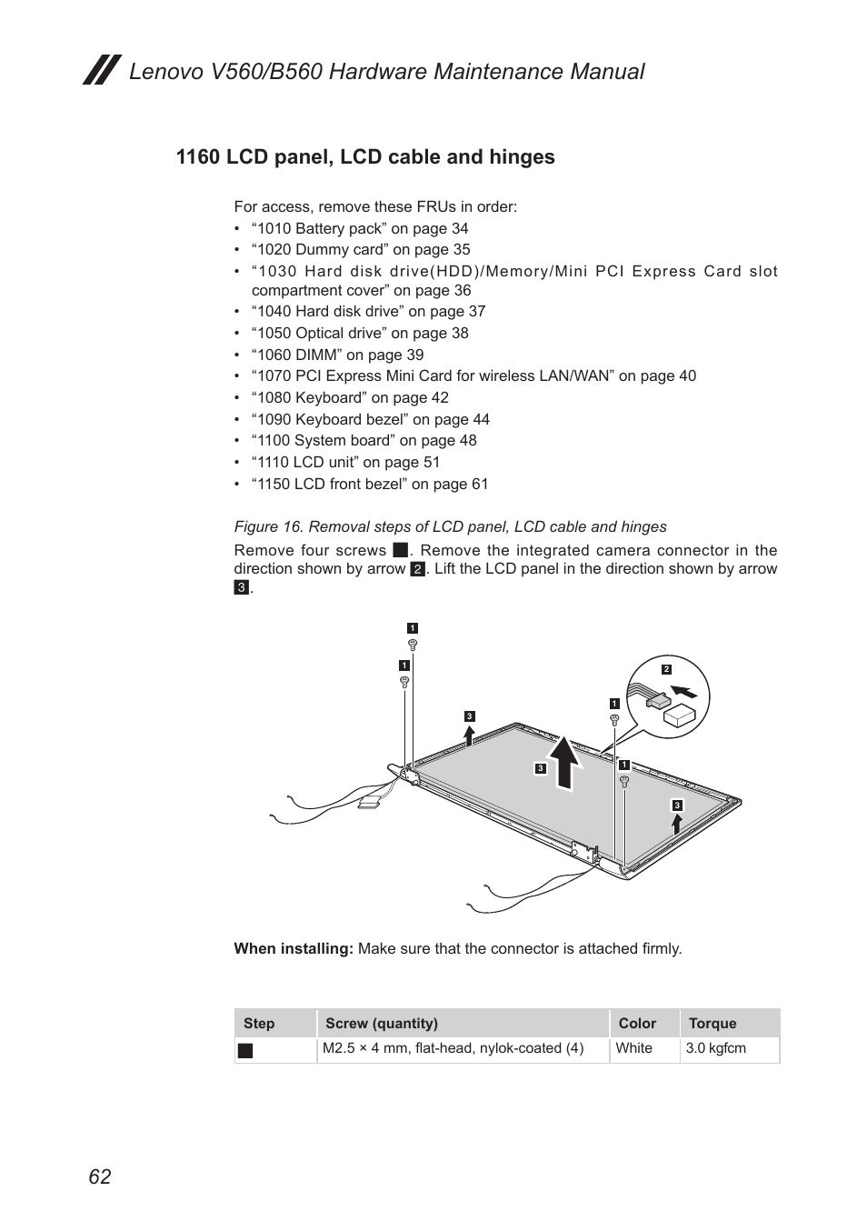 1160 lcd panel, lcd cable and hinges | Lenovo V560 Notebook User Manual | Page 66 / 90