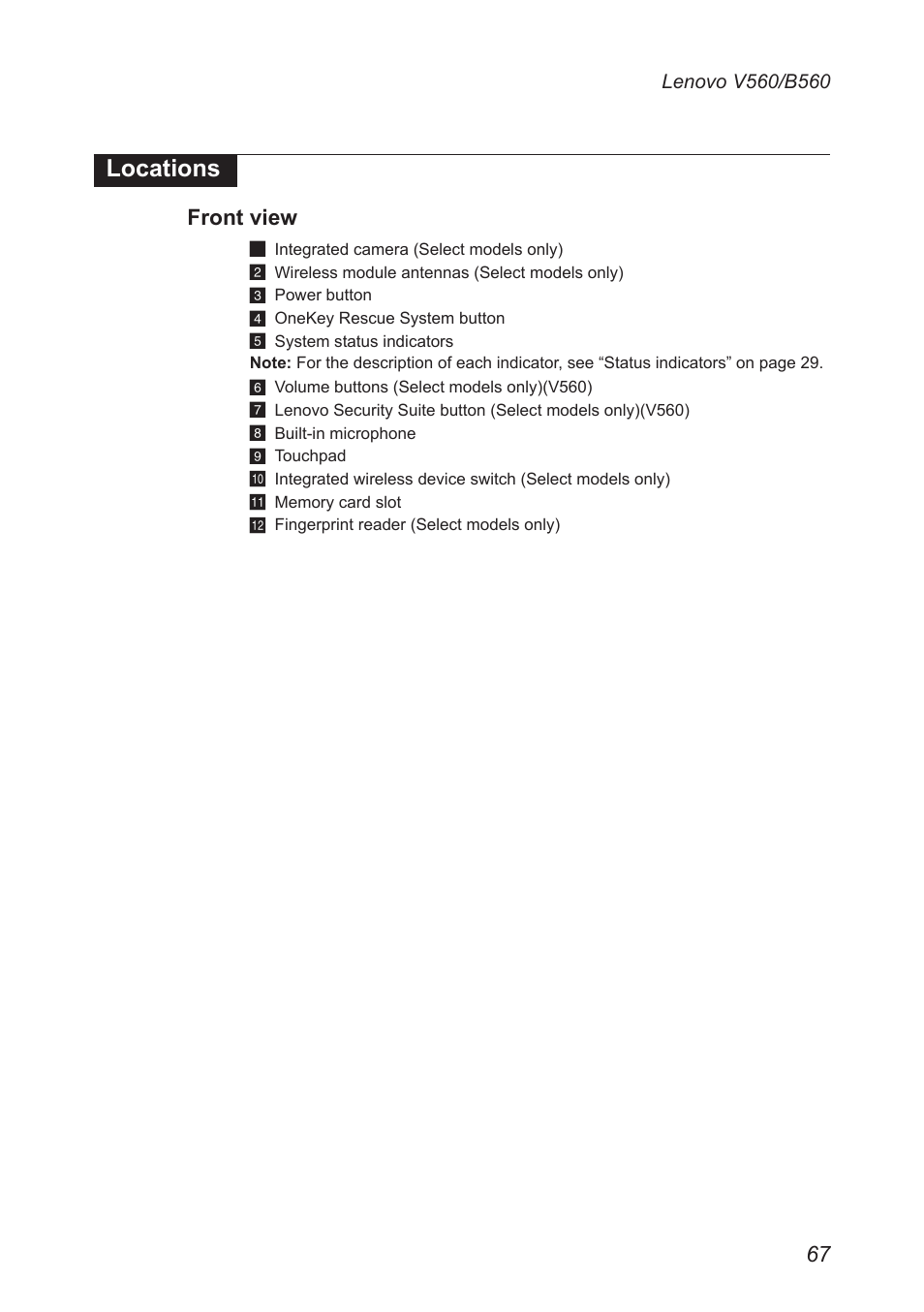 Locations, Front view | Lenovo V560 Notebook User Manual | Page 71 / 90