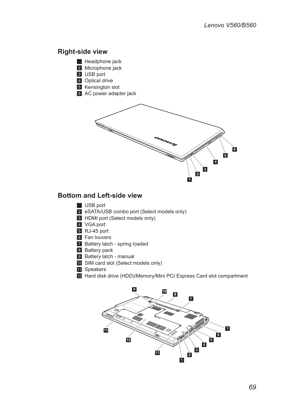 Right-side view, Bottom and left-side view | Lenovo V560 Notebook User Manual | Page 73 / 90