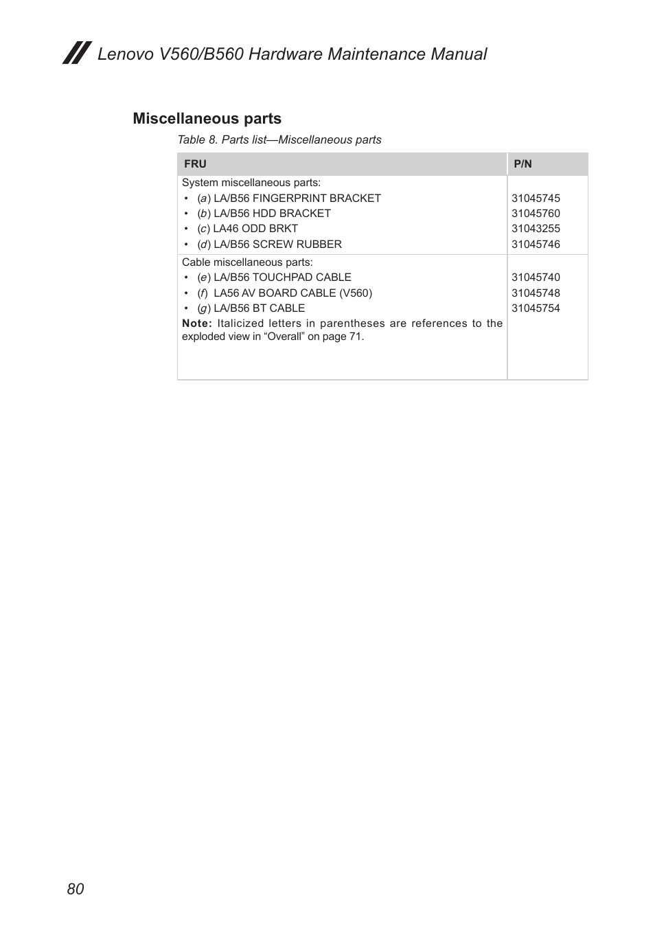 Miscellaneous parts | Lenovo V560 Notebook User Manual | Page 84 / 90