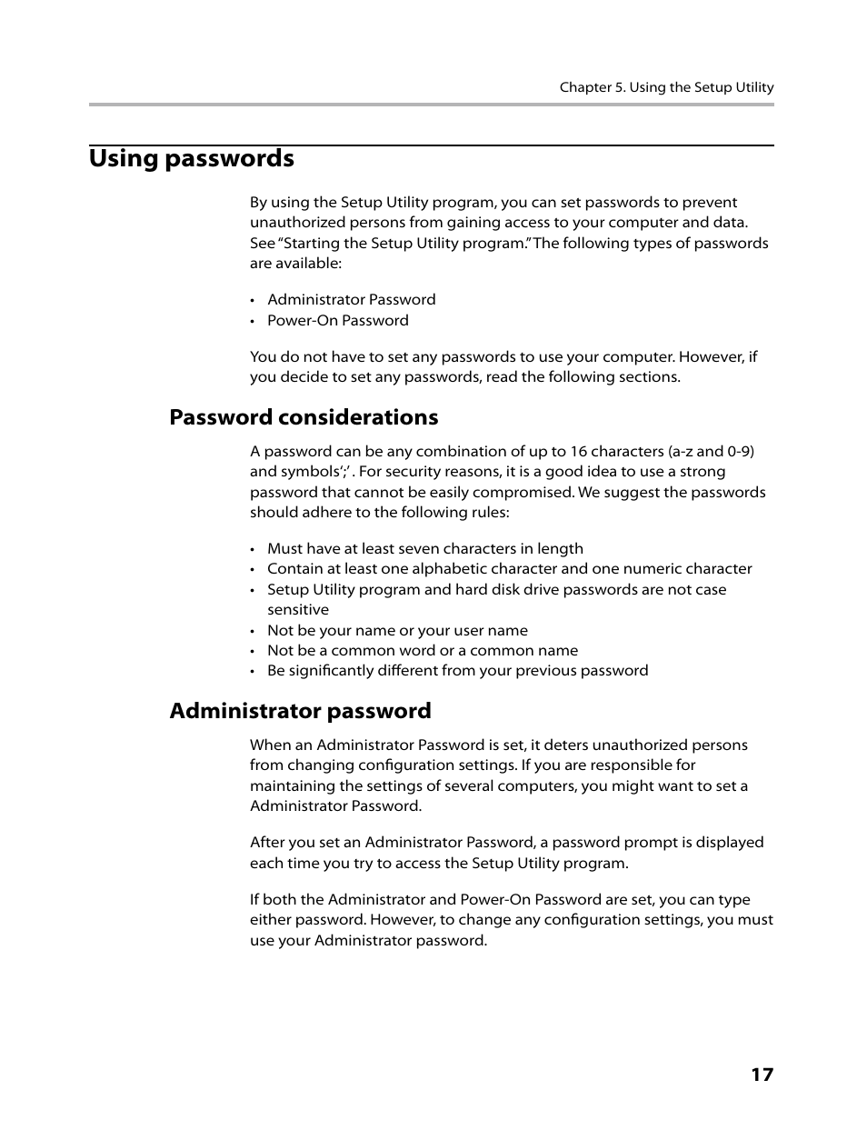 Using passwords, Password considerations, Administrator password | Lenovo C200 All-In-One User Manual | Page 19 / 56