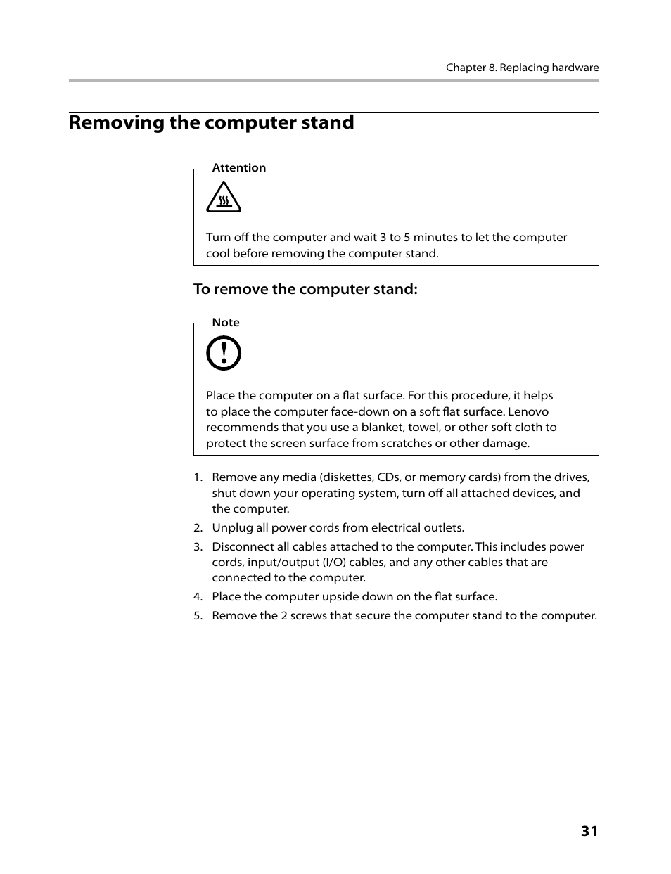 Removing the computer stand | Lenovo C200 All-In-One User Manual | Page 33 / 56