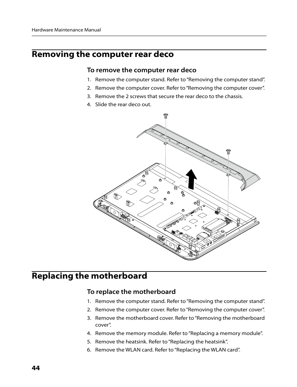 Removing the computer rear deco, Replacing the motherboard | Lenovo C200 All-In-One User Manual | Page 46 / 56