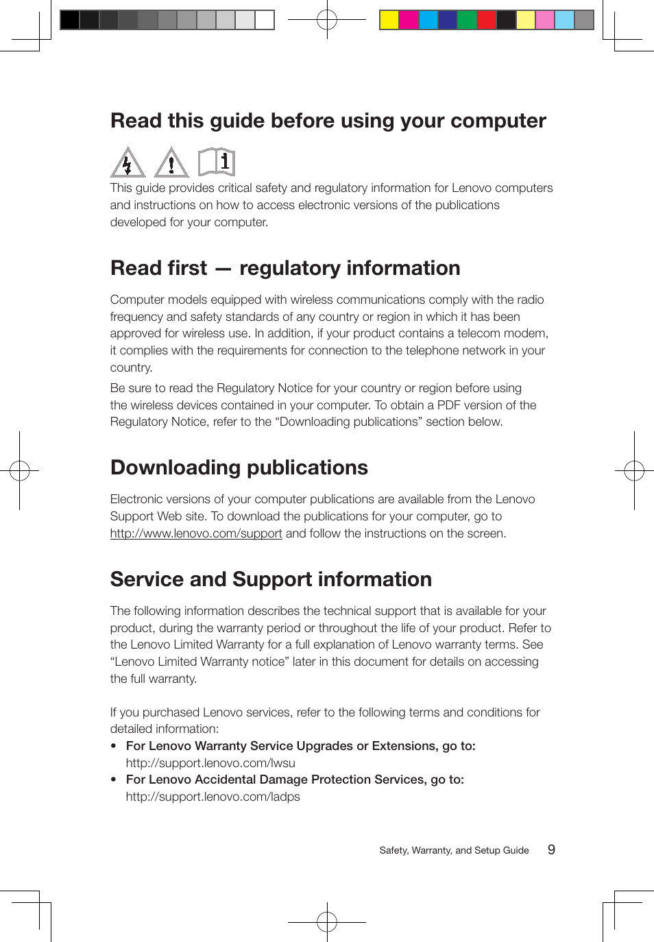 Read this guide before using your computer, Read first — regulatory information, Downloading publications | Service and support information | Lenovo M5800 Desktop User Manual | Page 10 / 24