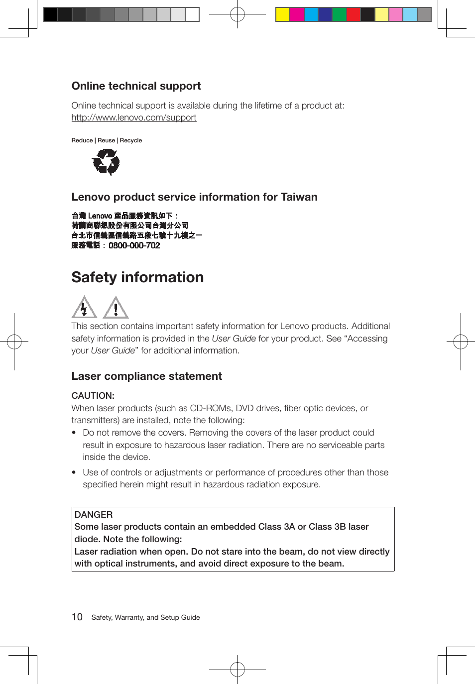 Safety information, Online technical support, Lenovo product service information for taiwan | Laser compliance statement | Lenovo M5800 Desktop User Manual | Page 11 / 24