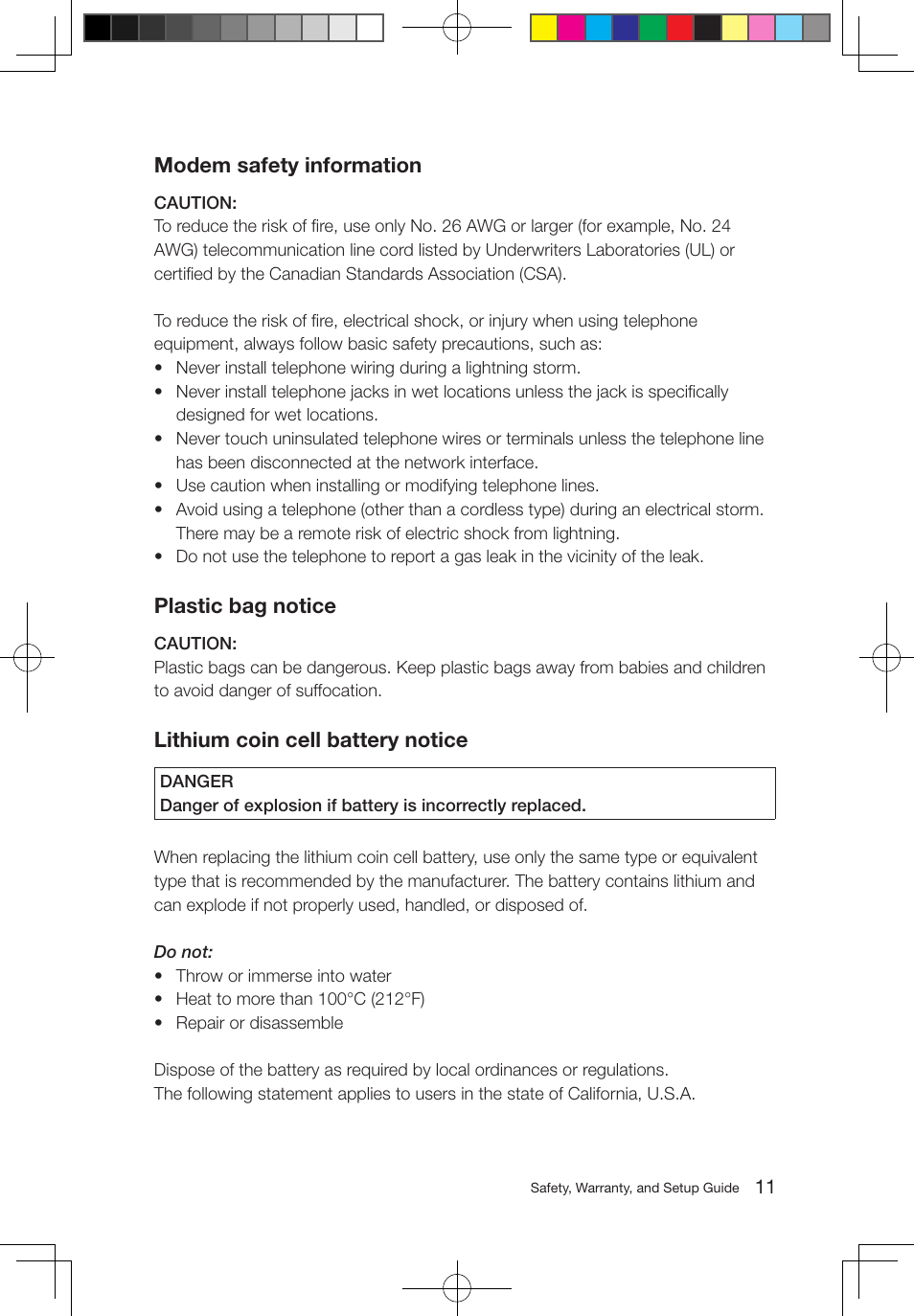 Modem safety information, Plastic bag notice, Lithium coin cell battery notice | Lenovo M5800 Desktop User Manual | Page 12 / 24