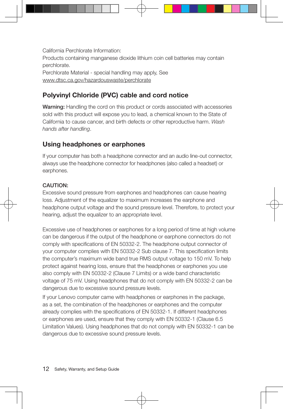 Polyvinyl chloride (pvc) cable and cord notice, Using headphones or earphones | Lenovo M5800 Desktop User Manual | Page 13 / 24