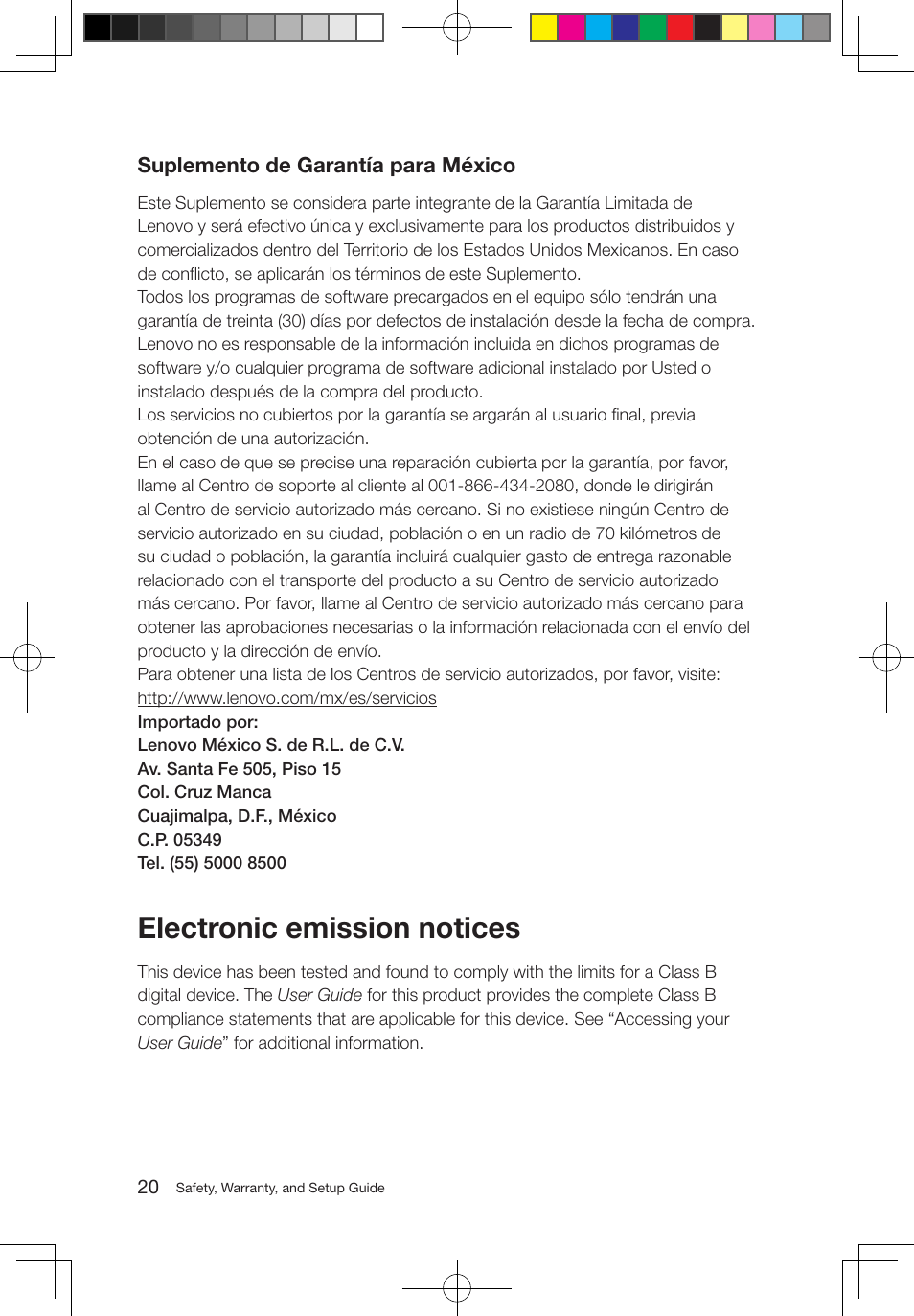 Electronic emission notices, Suplemento de garantía para méxico | Lenovo M5800 Desktop User Manual | Page 21 / 24