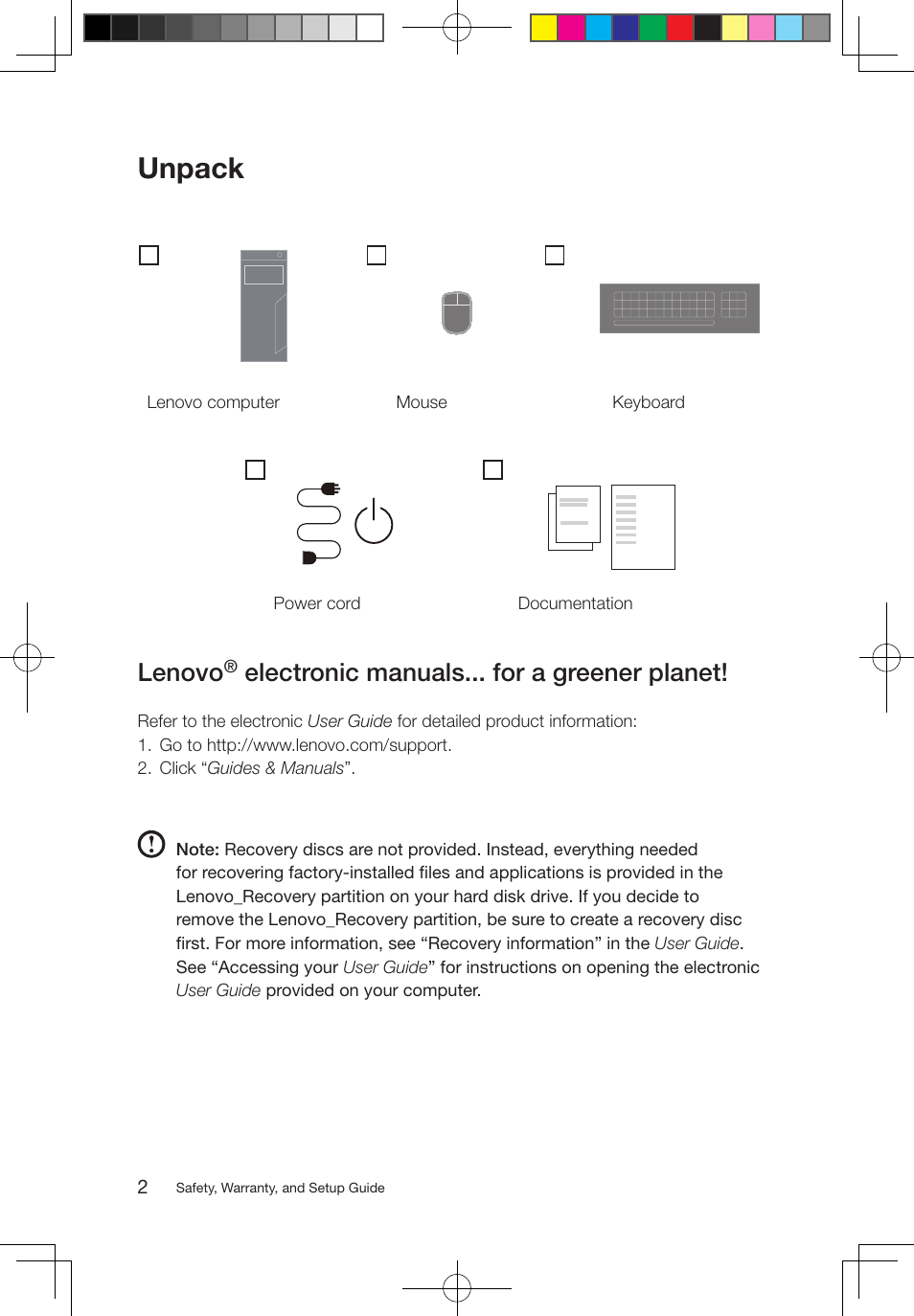 Unpack, Lenovo, Electronic manuals... for a greener planet | Lenovo M5800 Desktop User Manual | Page 3 / 24
