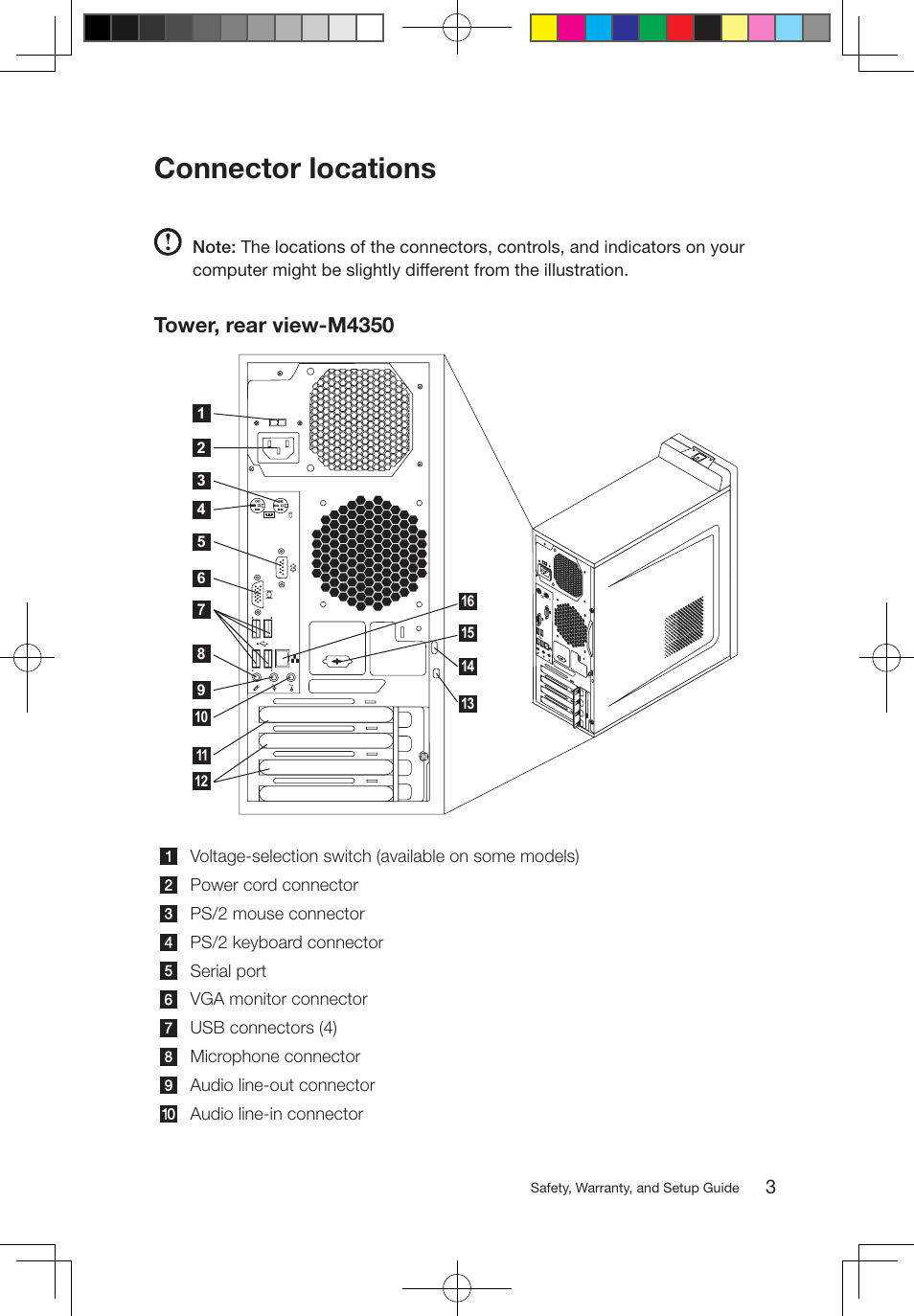 Connector locations, Tower, rear view-m4350 | Lenovo M5800 Desktop User Manual | Page 4 / 24