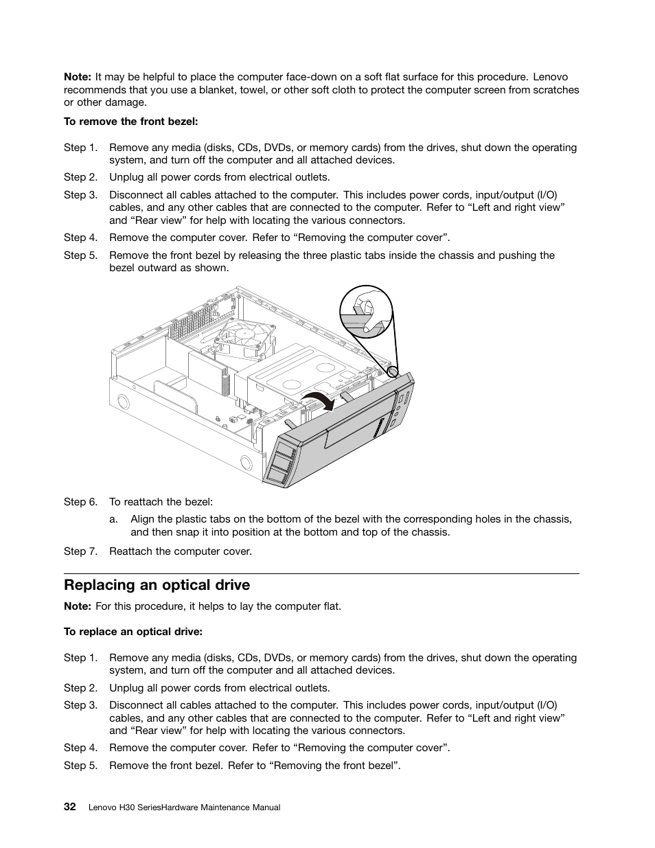 Replacing an optical drive | Lenovo H30-00 Desktop User Manual | Page 38 / 73