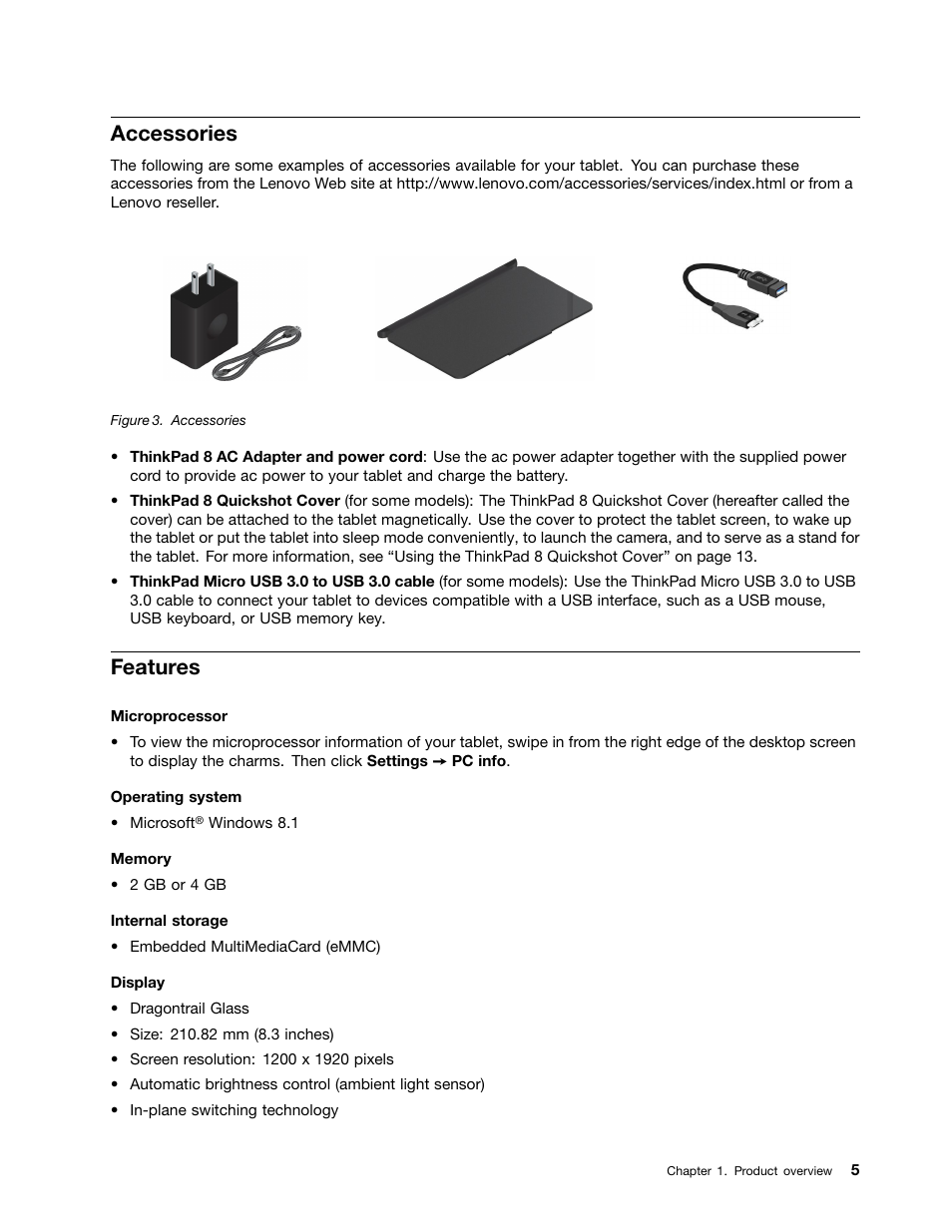 Accessories, Features | Lenovo ThinkPad 8 User Manual | Page 13 / 74