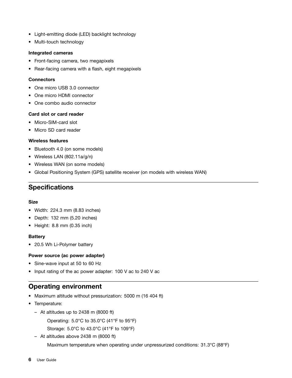 Specifications, Operating environment | Lenovo ThinkPad 8 User Manual | Page 14 / 74