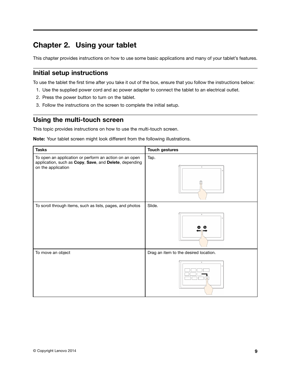 Chapter 2. using your tablet, Initial setup instructions, Using the multi-touch screen | Lenovo ThinkPad 8 User Manual | Page 17 / 74