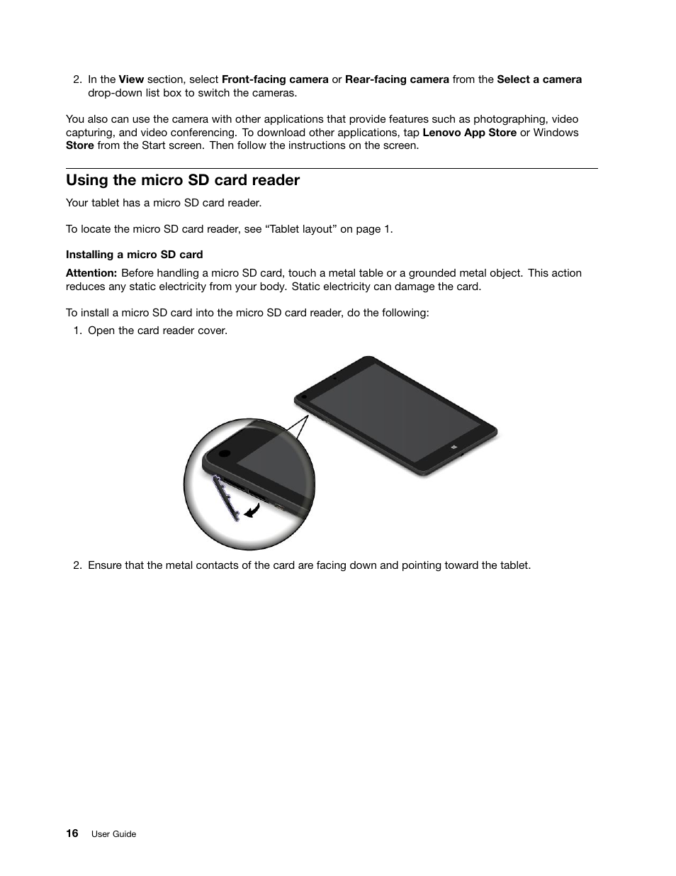 Using the micro sd card reader | Lenovo ThinkPad 8 User Manual | Page 24 / 74