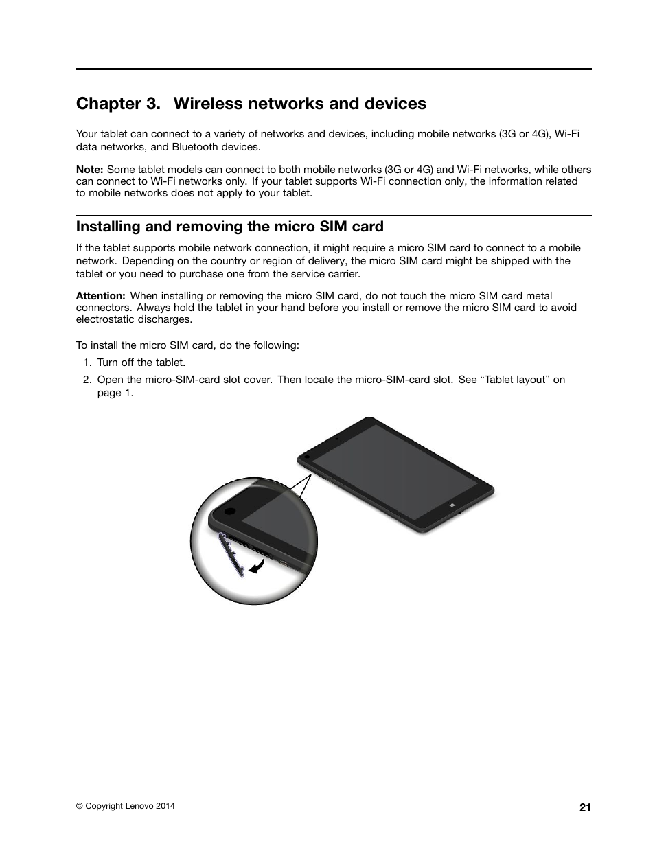 Chapter 3. wireless networks and devices, Installing and removing the micro sim card | Lenovo ThinkPad 8 User Manual | Page 29 / 74