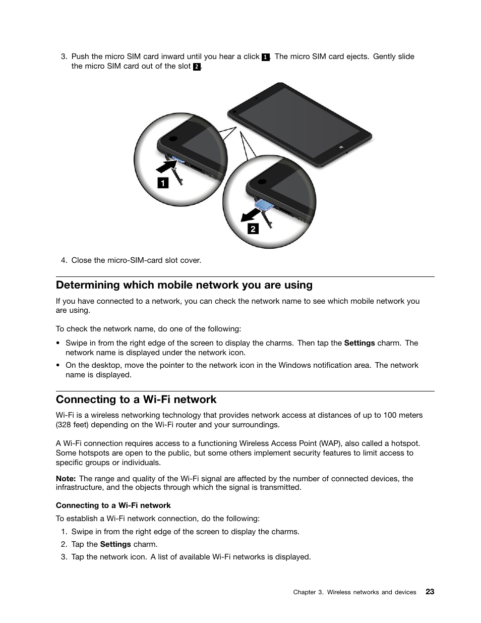 Determining which mobile network you are using, Connecting to a wi-fi network | Lenovo ThinkPad 8 User Manual | Page 31 / 74