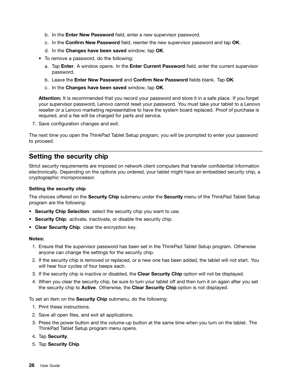 Setting the security chip | Lenovo ThinkPad 8 User Manual | Page 36 / 74