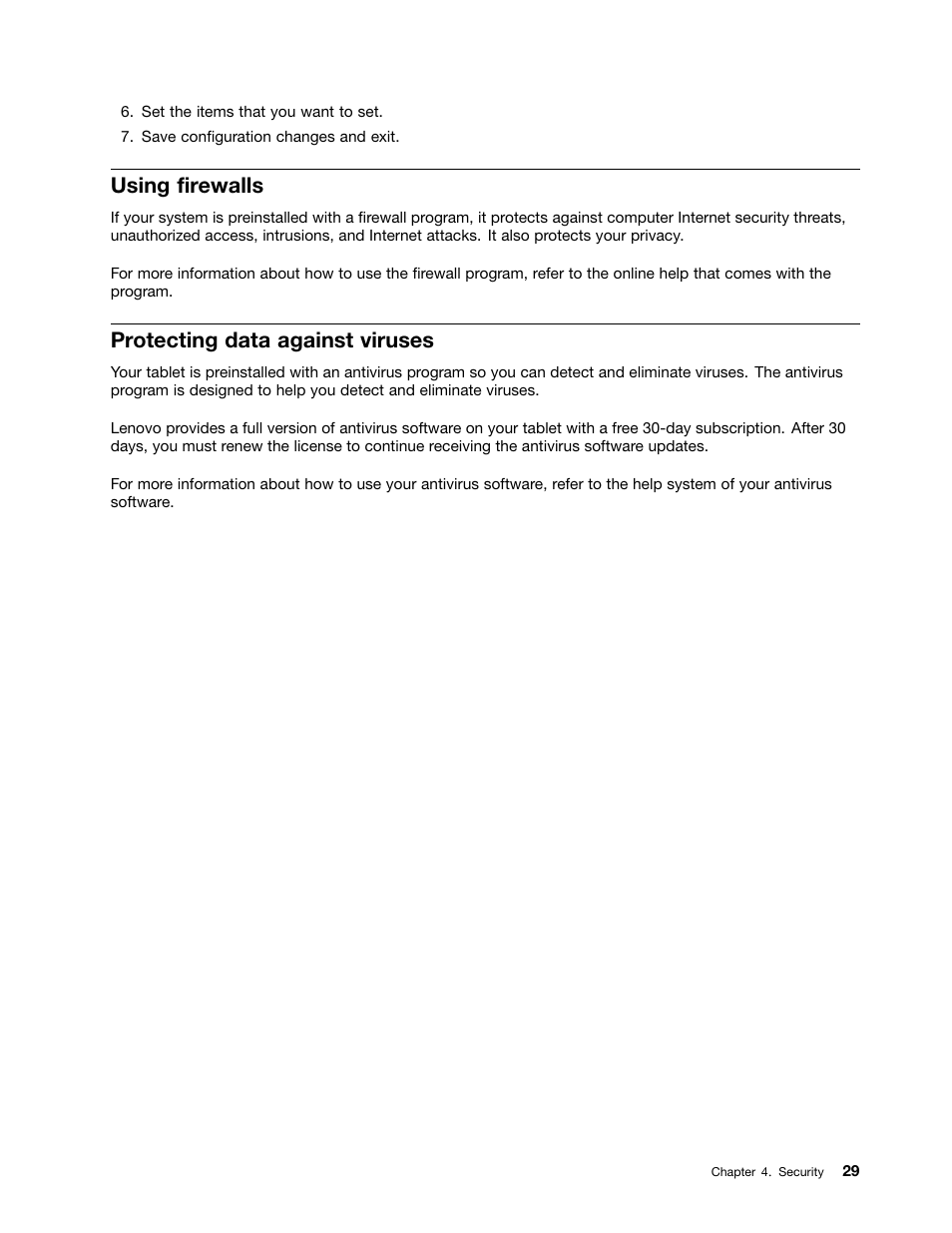 Using firewalls, Protecting data against viruses | Lenovo ThinkPad 8 User Manual | Page 37 / 74