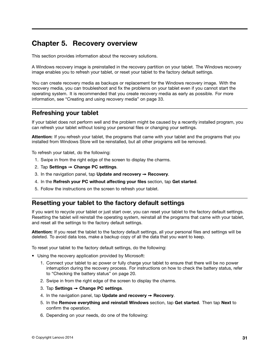 Chapter 5. recovery overview, Refreshing your tablet | Lenovo ThinkPad 8 User Manual | Page 39 / 74