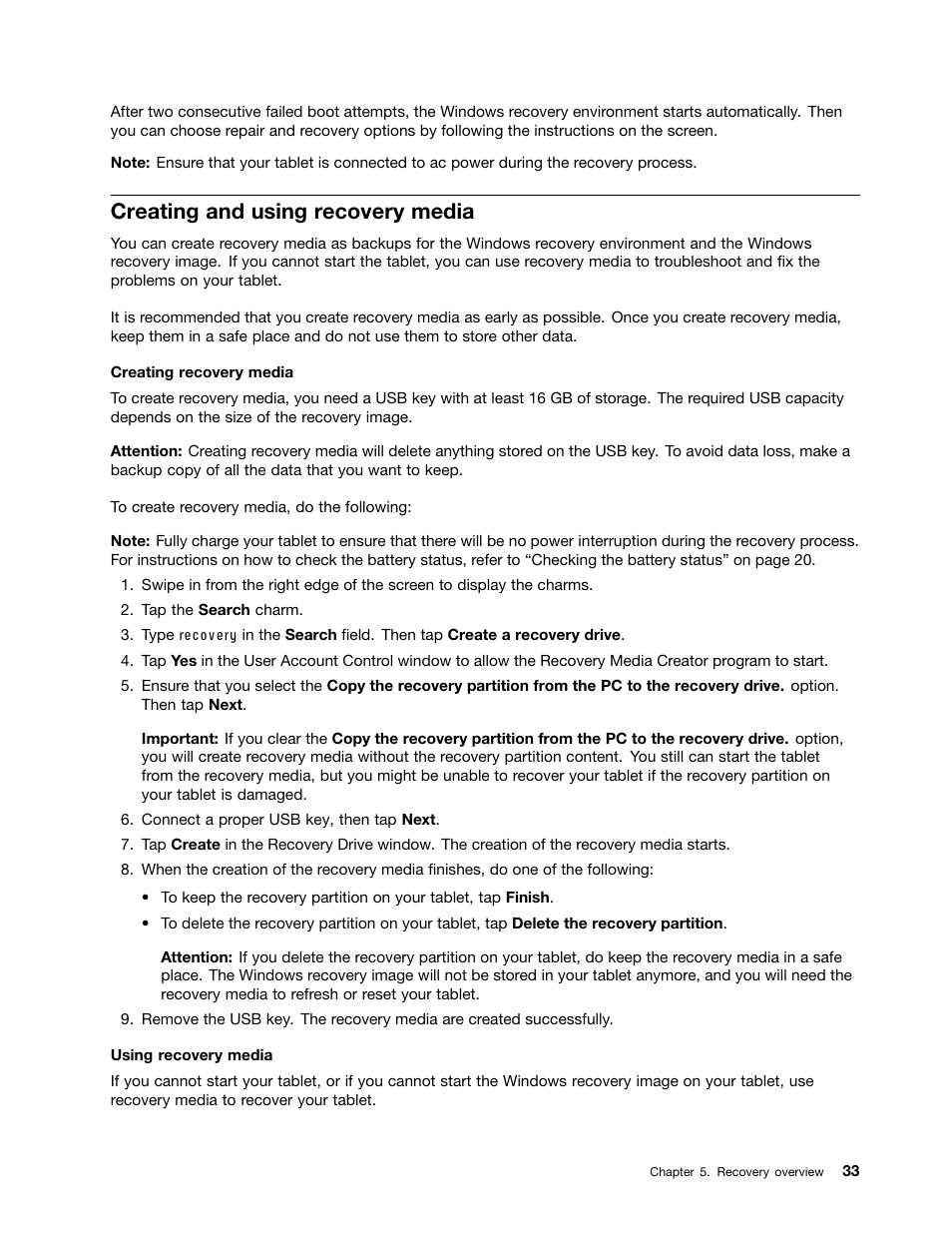Creating and using recovery media | Lenovo ThinkPad 8 User Manual | Page 41 / 74